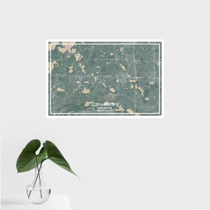 16x24 Eden Prairie Minnesota Map Print Landscape Orientation in Afternoon Style With Tropical Plant Leaves in Water