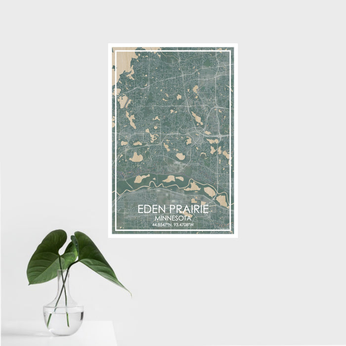 16x24 Eden Prairie Minnesota Map Print Portrait Orientation in Afternoon Style With Tropical Plant Leaves in Water