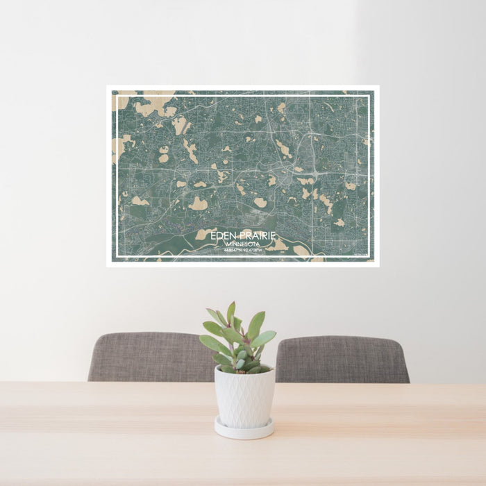24x36 Eden Prairie Minnesota Map Print Lanscape Orientation in Afternoon Style Behind 2 Chairs Table and Potted Plant