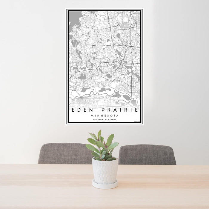 24x36 Eden Prairie Minnesota Map Print Portrait Orientation in Classic Style Behind 2 Chairs Table and Potted Plant