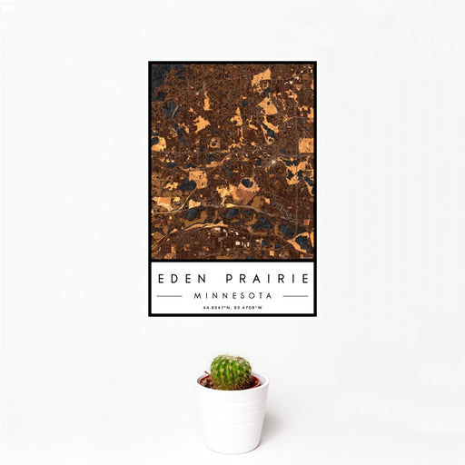 12x18 Eden Prairie Minnesota Map Print Portrait Orientation in Ember Style With Small Cactus Plant in White Planter