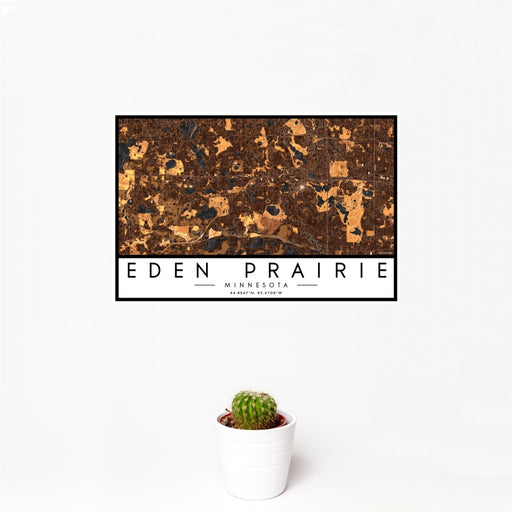 12x18 Eden Prairie Minnesota Map Print Landscape Orientation in Ember Style With Small Cactus Plant in White Planter