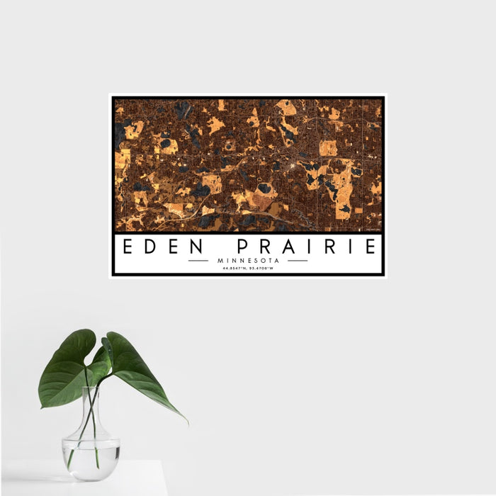 16x24 Eden Prairie Minnesota Map Print Landscape Orientation in Ember Style With Tropical Plant Leaves in Water