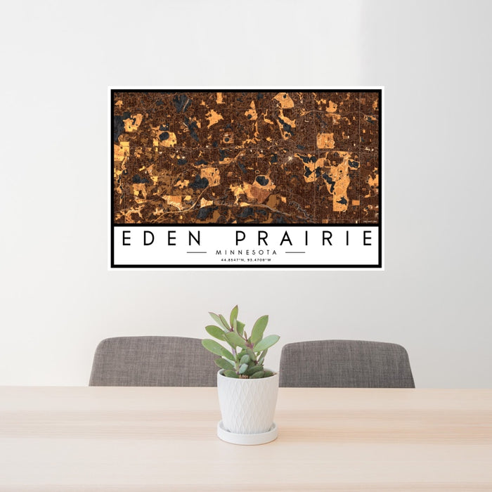 24x36 Eden Prairie Minnesota Map Print Landscape Orientation in Ember Style Behind 2 Chairs Table and Potted Plant