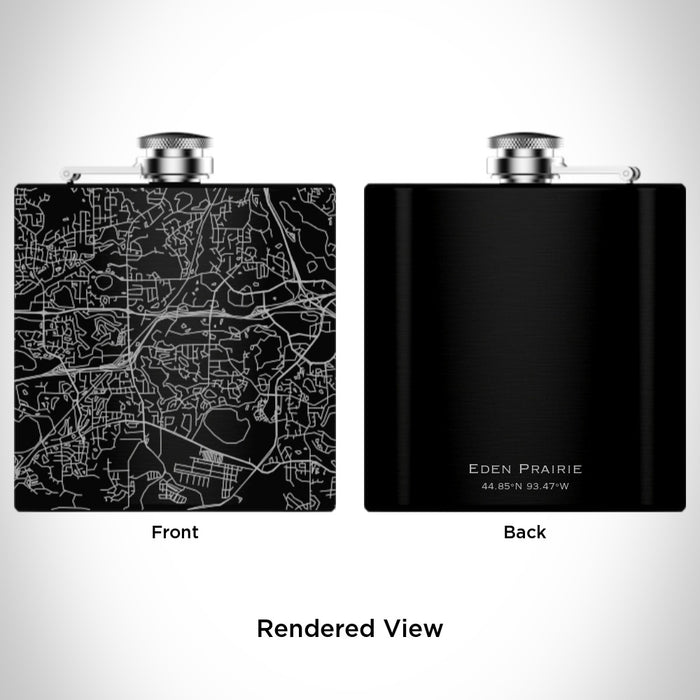 Rendered View of Eden Prairie Minnesota Map Engraving on 6oz Stainless Steel Flask in Black