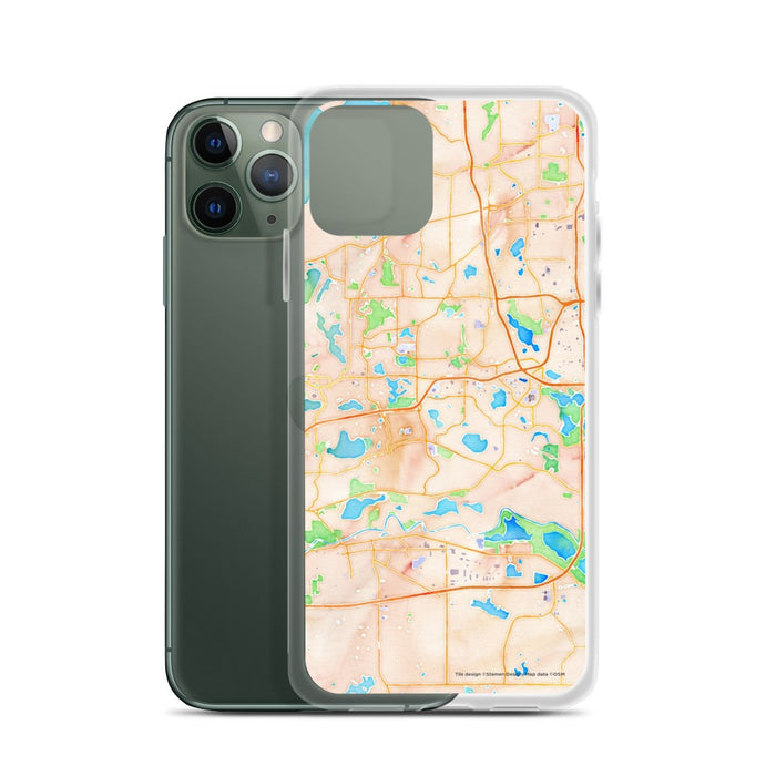 Custom Eden Prairie Minnesota Map Phone Case in Watercolor on Table with Laptop and Plant