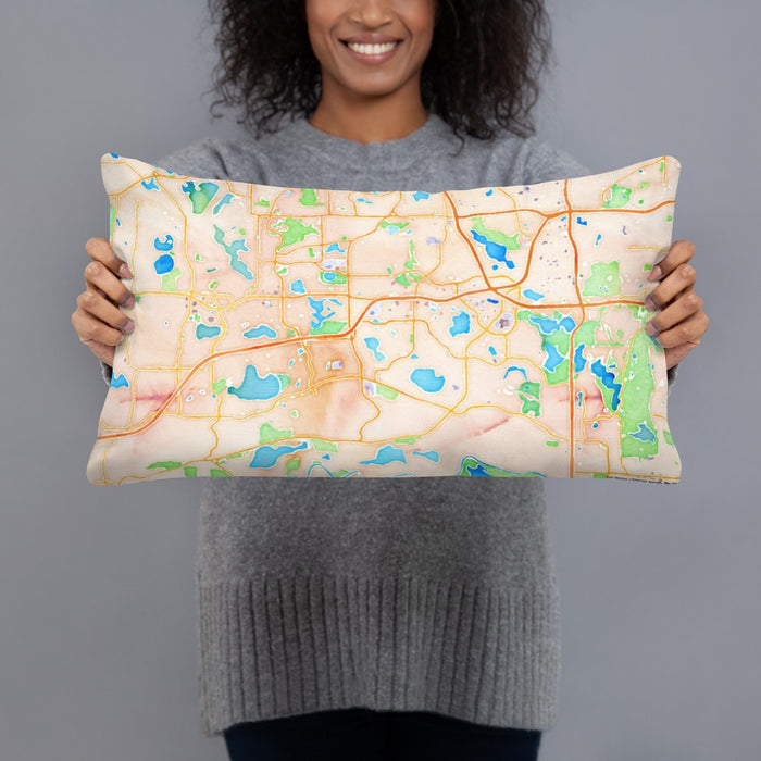 Person holding 20x12 Custom Eden Prairie Minnesota Map Throw Pillow in Watercolor