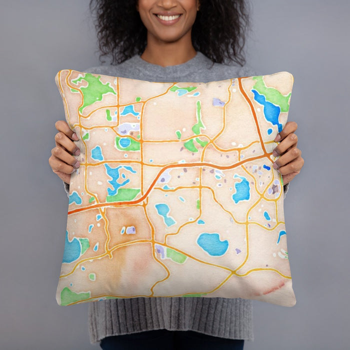 Person holding 18x18 Custom Eden Prairie Minnesota Map Throw Pillow in Watercolor