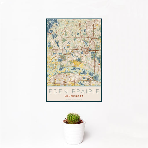 12x18 Eden Prairie Minnesota Map Print Portrait Orientation in Woodblock Style With Small Cactus Plant in White Planter