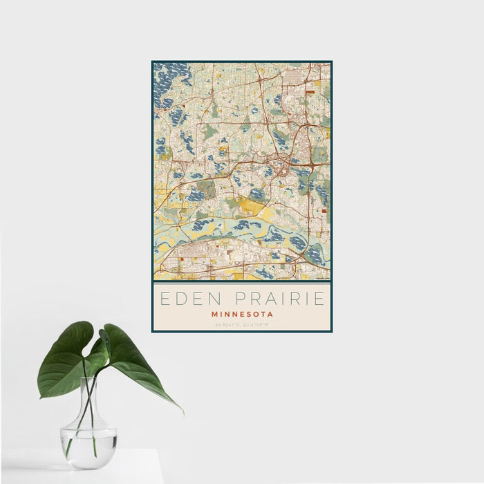 16x24 Eden Prairie Minnesota Map Print Portrait Orientation in Woodblock Style With Tropical Plant Leaves in Water