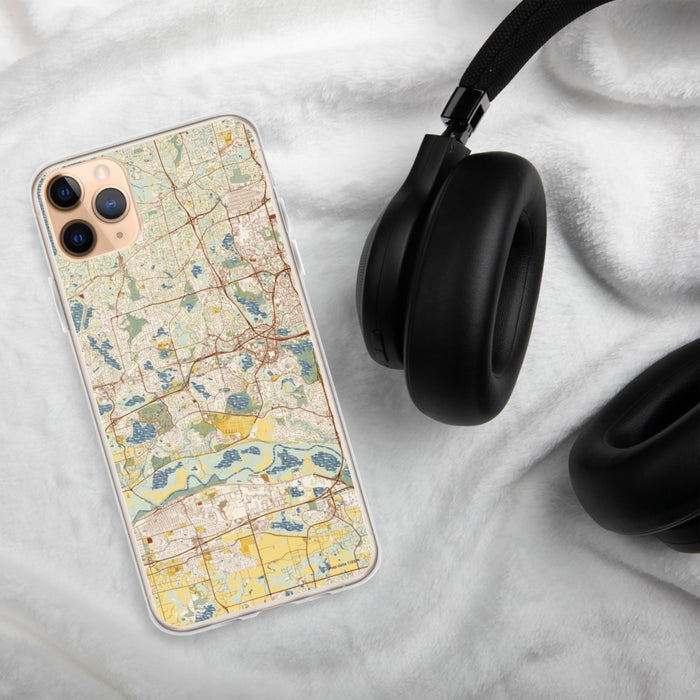 Custom Eden Prairie Minnesota Map Phone Case in Woodblock on Table with Black Headphones