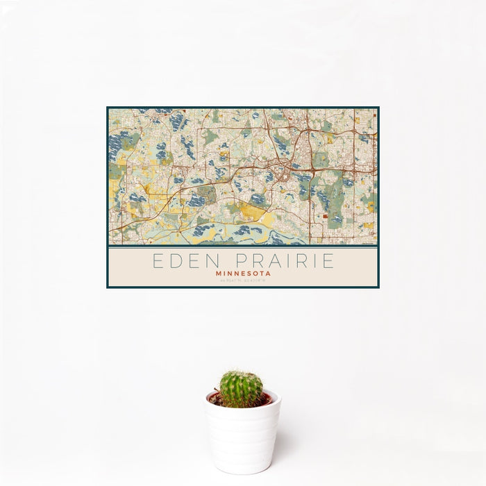12x18 Eden Prairie Minnesota Map Print Landscape Orientation in Woodblock Style With Small Cactus Plant in White Planter