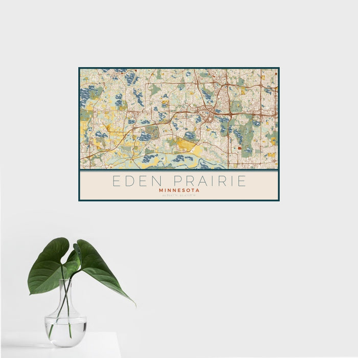 16x24 Eden Prairie Minnesota Map Print Landscape Orientation in Woodblock Style With Tropical Plant Leaves in Water