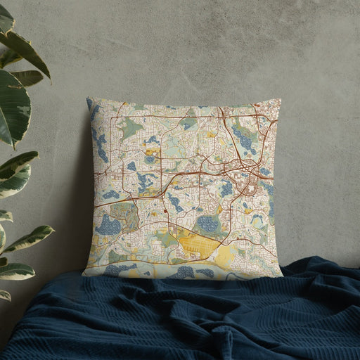 Custom Eden Prairie Minnesota Map Throw Pillow in Woodblock on Bedding Against Wall