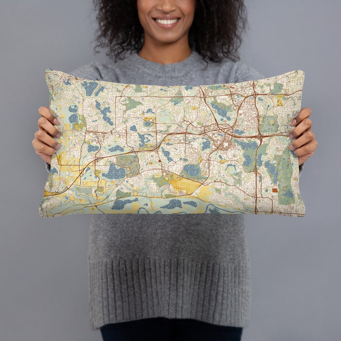Person holding 20x12 Custom Eden Prairie Minnesota Map Throw Pillow in Woodblock