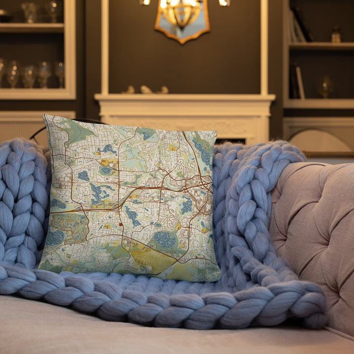 Custom Eden Prairie Minnesota Map Throw Pillow in Woodblock on Cream Colored Couch