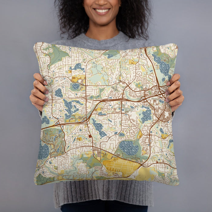 Person holding 18x18 Custom Eden Prairie Minnesota Map Throw Pillow in Woodblock