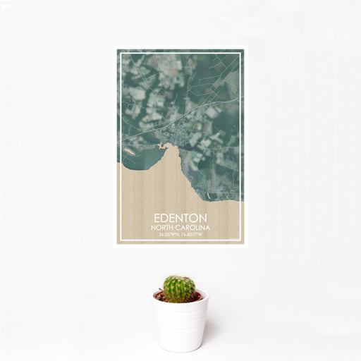 12x18 Edenton North Carolina Map Print Portrait Orientation in Afternoon Style With Small Cactus Plant in White Planter