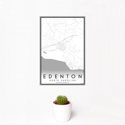 12x18 Edenton North Carolina Map Print Portrait Orientation in Classic Style With Small Cactus Plant in White Planter