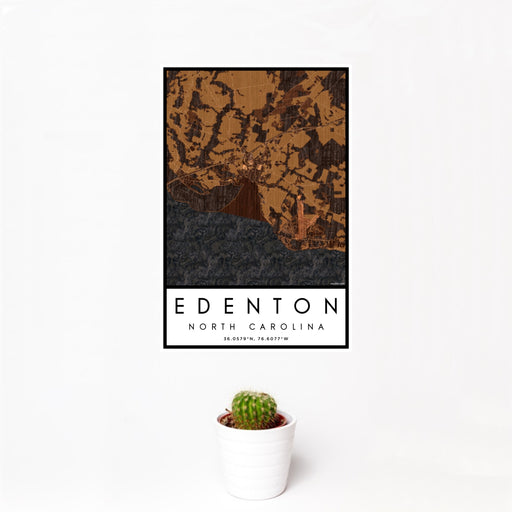 12x18 Edenton North Carolina Map Print Portrait Orientation in Ember Style With Small Cactus Plant in White Planter