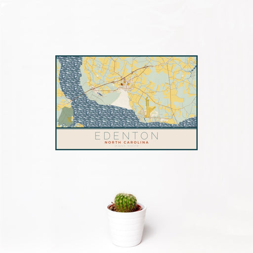 12x18 Edenton North Carolina Map Print Landscape Orientation in Woodblock Style With Small Cactus Plant in White Planter