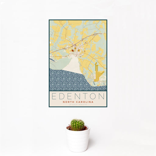 12x18 Edenton North Carolina Map Print Portrait Orientation in Woodblock Style With Small Cactus Plant in White Planter