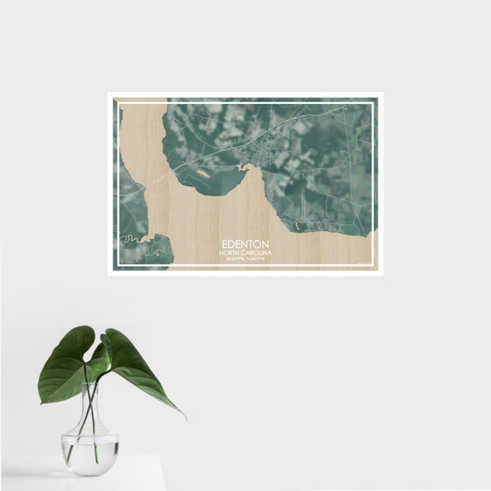 16x24 Edenton North Carolina Map Print Landscape Orientation in Afternoon Style With Tropical Plant Leaves in Water