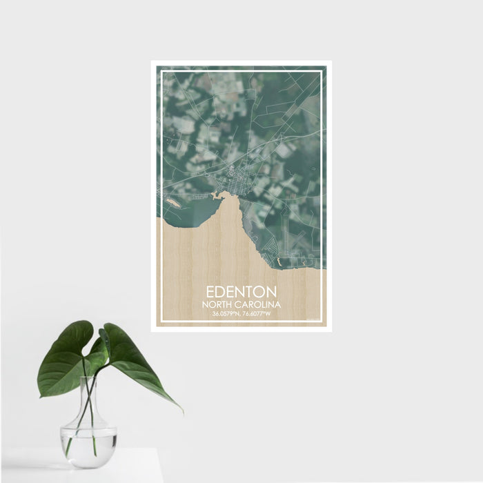 16x24 Edenton North Carolina Map Print Portrait Orientation in Afternoon Style With Tropical Plant Leaves in Water