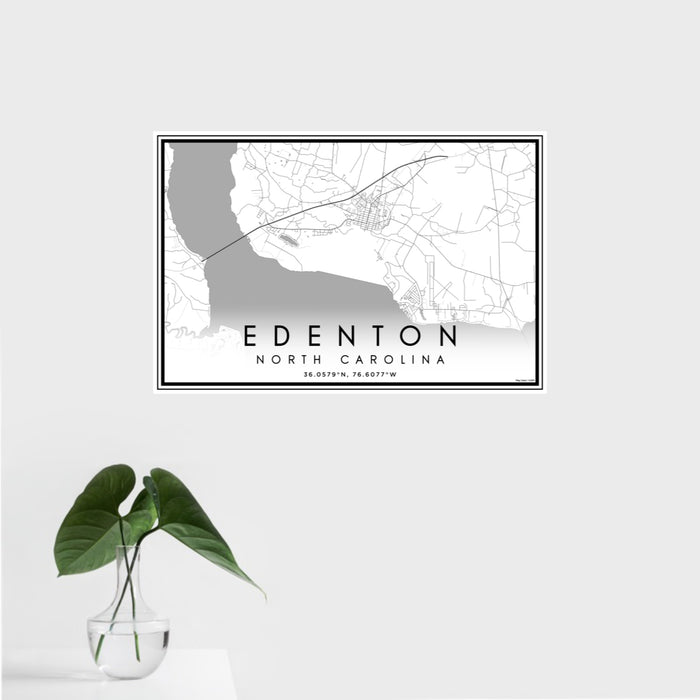 16x24 Edenton North Carolina Map Print Landscape Orientation in Classic Style With Tropical Plant Leaves in Water