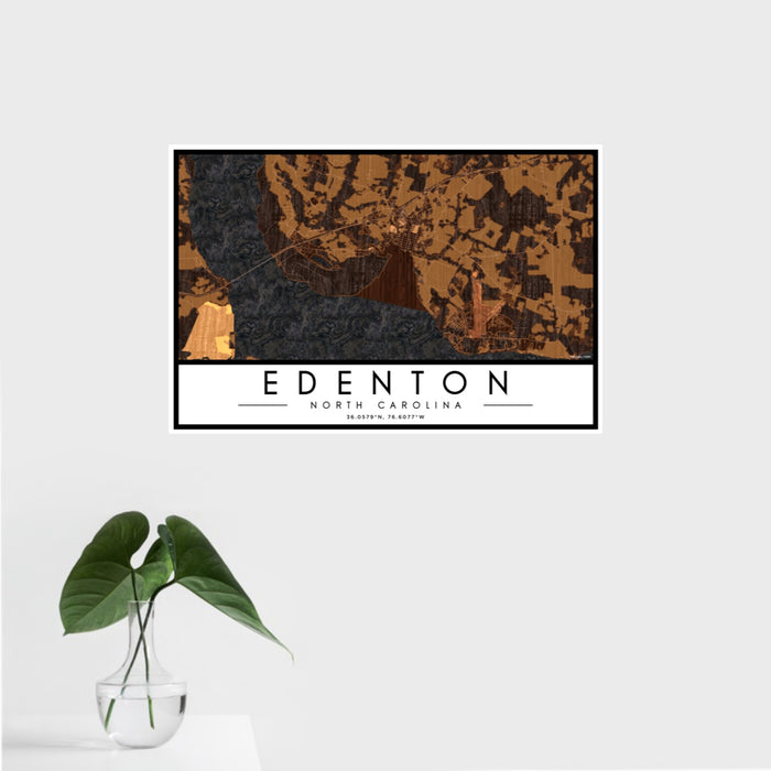 16x24 Edenton North Carolina Map Print Landscape Orientation in Ember Style With Tropical Plant Leaves in Water