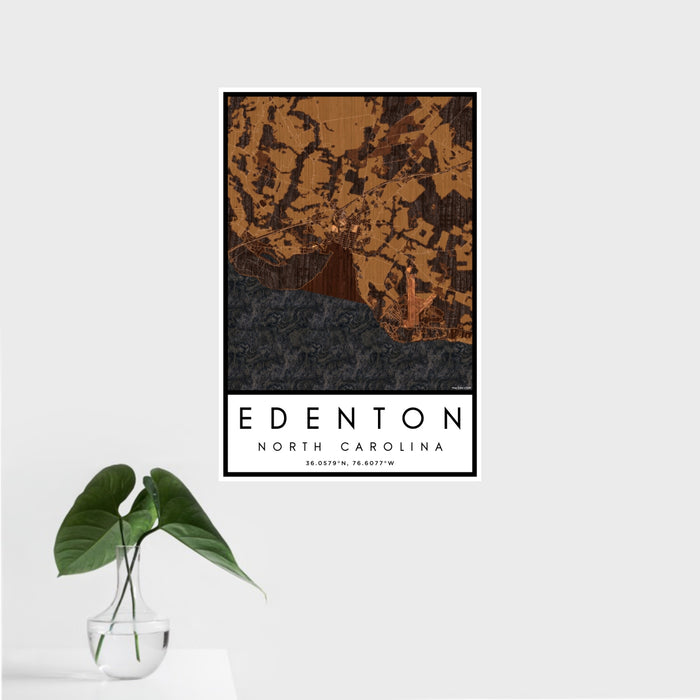 16x24 Edenton North Carolina Map Print Portrait Orientation in Ember Style With Tropical Plant Leaves in Water