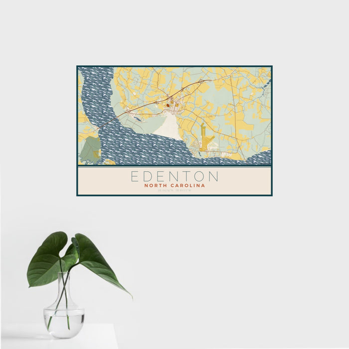 16x24 Edenton North Carolina Map Print Landscape Orientation in Woodblock Style With Tropical Plant Leaves in Water