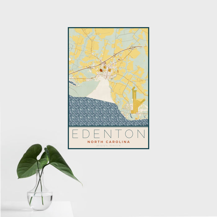 16x24 Edenton North Carolina Map Print Portrait Orientation in Woodblock Style With Tropical Plant Leaves in Water
