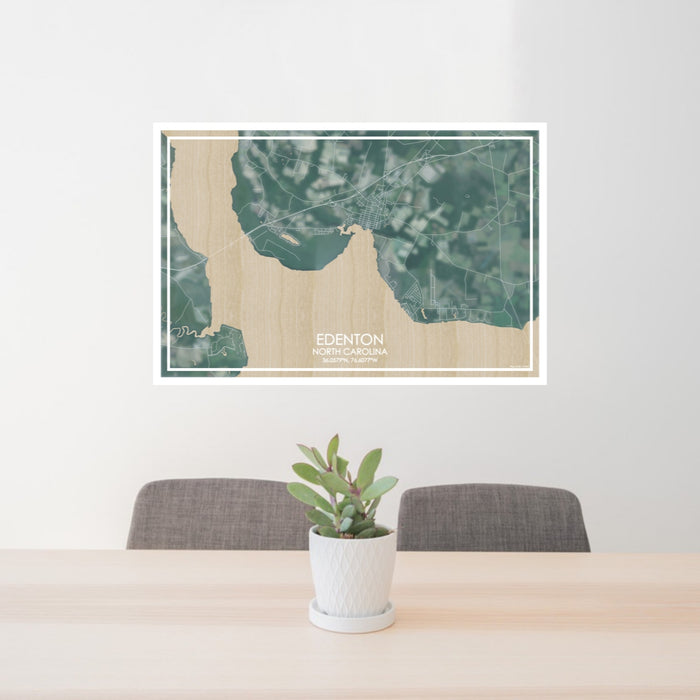 24x36 Edenton North Carolina Map Print Lanscape Orientation in Afternoon Style Behind 2 Chairs Table and Potted Plant
