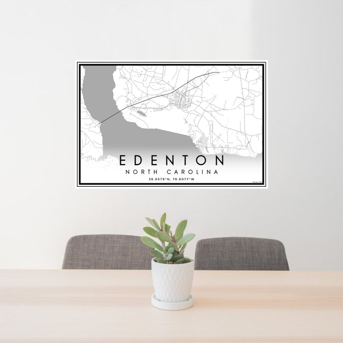 24x36 Edenton North Carolina Map Print Lanscape Orientation in Classic Style Behind 2 Chairs Table and Potted Plant