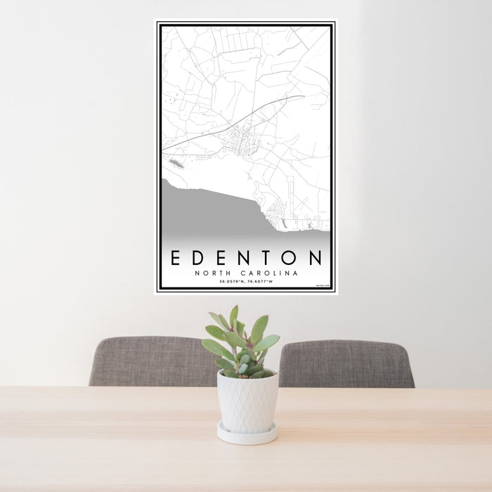 24x36 Edenton North Carolina Map Print Portrait Orientation in Classic Style Behind 2 Chairs Table and Potted Plant