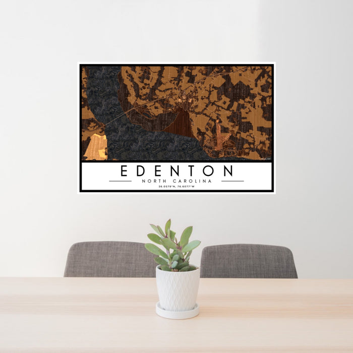 24x36 Edenton North Carolina Map Print Lanscape Orientation in Ember Style Behind 2 Chairs Table and Potted Plant