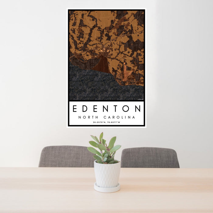 24x36 Edenton North Carolina Map Print Portrait Orientation in Ember Style Behind 2 Chairs Table and Potted Plant