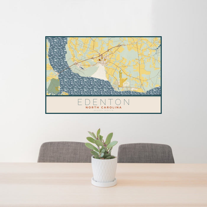 24x36 Edenton North Carolina Map Print Lanscape Orientation in Woodblock Style Behind 2 Chairs Table and Potted Plant