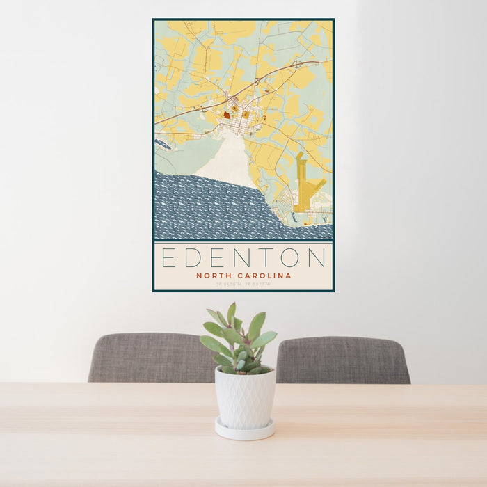24x36 Edenton North Carolina Map Print Portrait Orientation in Woodblock Style Behind 2 Chairs Table and Potted Plant