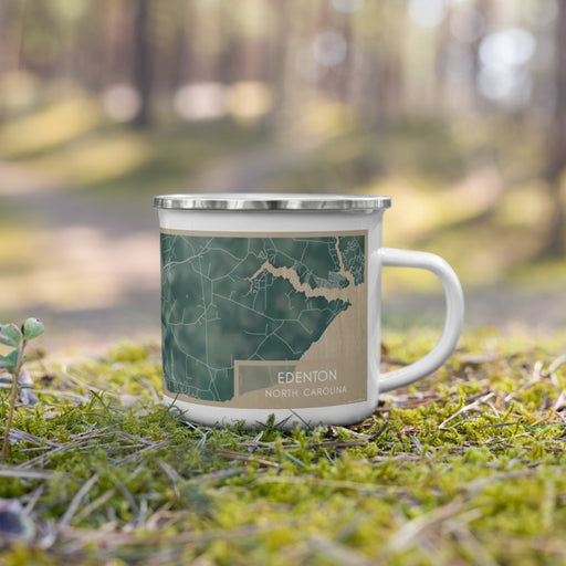 Right View Custom Edenton North Carolina Map Enamel Mug in Afternoon on Grass With Trees in Background