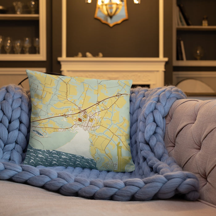 Custom Edenton North Carolina Map Throw Pillow in Woodblock on Cream Colored Couch