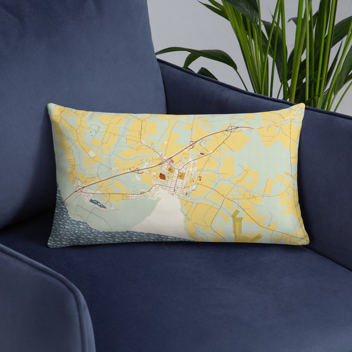 Custom Edenton North Carolina Map Throw Pillow in Woodblock on Blue Colored Chair