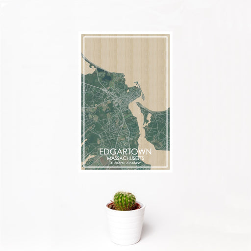 12x18 Edgartown Massachusetts Map Print Portrait Orientation in Afternoon Style With Small Cactus Plant in White Planter