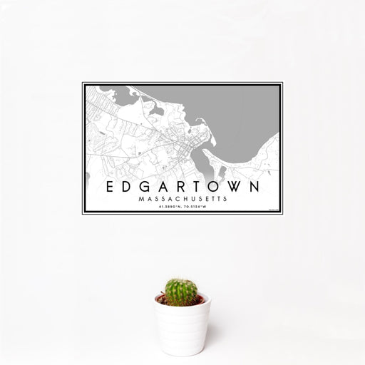 12x18 Edgartown Massachusetts Map Print Landscape Orientation in Classic Style With Small Cactus Plant in White Planter