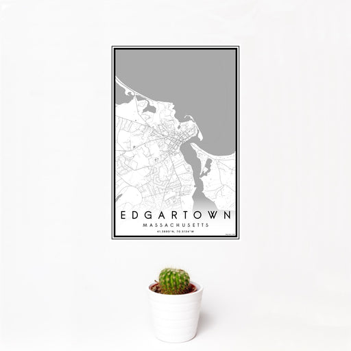 12x18 Edgartown Massachusetts Map Print Portrait Orientation in Classic Style With Small Cactus Plant in White Planter