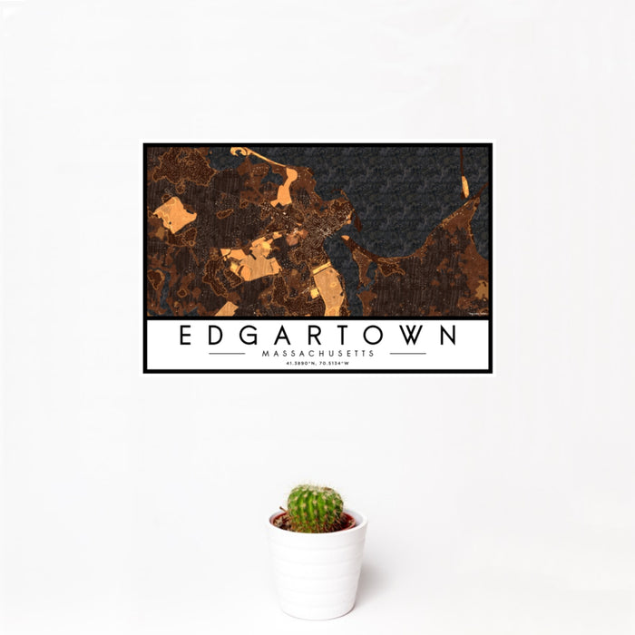 12x18 Edgartown Massachusetts Map Print Landscape Orientation in Ember Style With Small Cactus Plant in White Planter