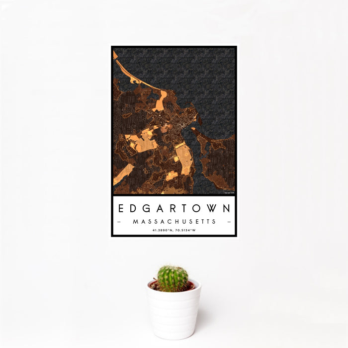 12x18 Edgartown Massachusetts Map Print Portrait Orientation in Ember Style With Small Cactus Plant in White Planter