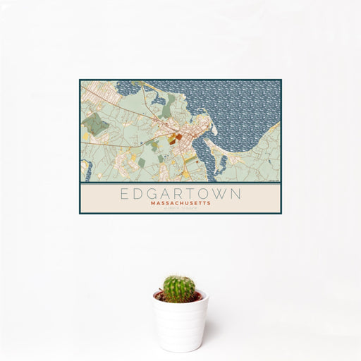 12x18 Edgartown Massachusetts Map Print Landscape Orientation in Woodblock Style With Small Cactus Plant in White Planter