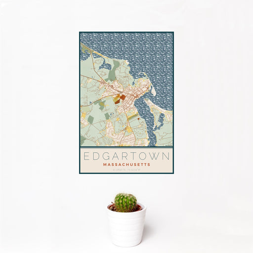 12x18 Edgartown Massachusetts Map Print Portrait Orientation in Woodblock Style With Small Cactus Plant in White Planter
